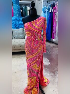 One-Shoulder Hot Pink & Yellow Sequin Evening Gown